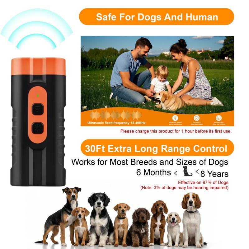 Dog Barking Deterrent Rechargeable, Anti-Barking Tool for Dogs, Ultrasonic Dual Emitter 50Ft Security Correction Tool Control Dog Barking 25Khz, Trainer Barking Silencer Indoor and Outdoor with Flashlight