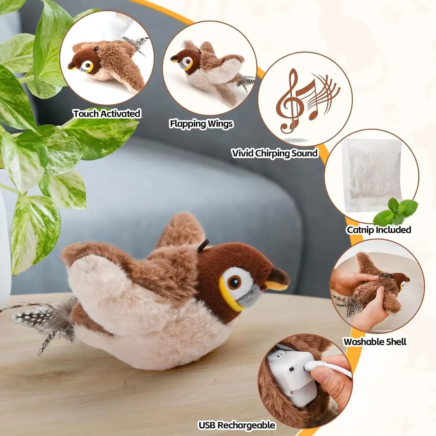 Simulated Bird Cat Toy Interactive Toys Dog Rechargeable Chirping Flapping Bird(No Flying) Catnip Touch Activated Plush Toy Pet