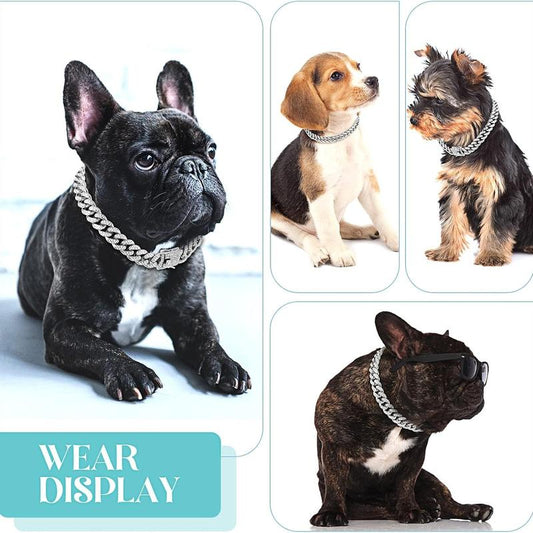 Dog Chain Collar Silver Dog Necklace Diamond Cuban Link Dog Collar 13Mm Wide Metal Pet Cat Dog Chain Crystal Collar Jewelry Accessories for Large Medium Small Dogs Cats(Silver,16 Inch)