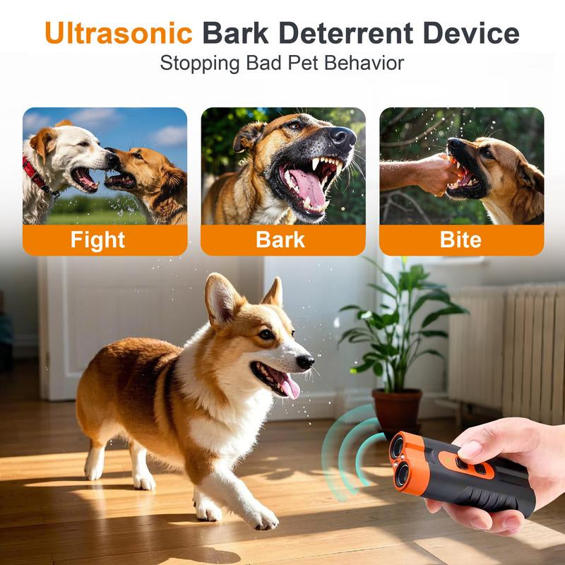 Dog Barking Deterrent Rechargeable, Anti-Barking Tool for Dogs, Ultrasonic Dual Emitter 50Ft Security Correction Tool Control Dog Barking 25Khz, Trainer Barking Silencer Indoor and Outdoor with Flashlight