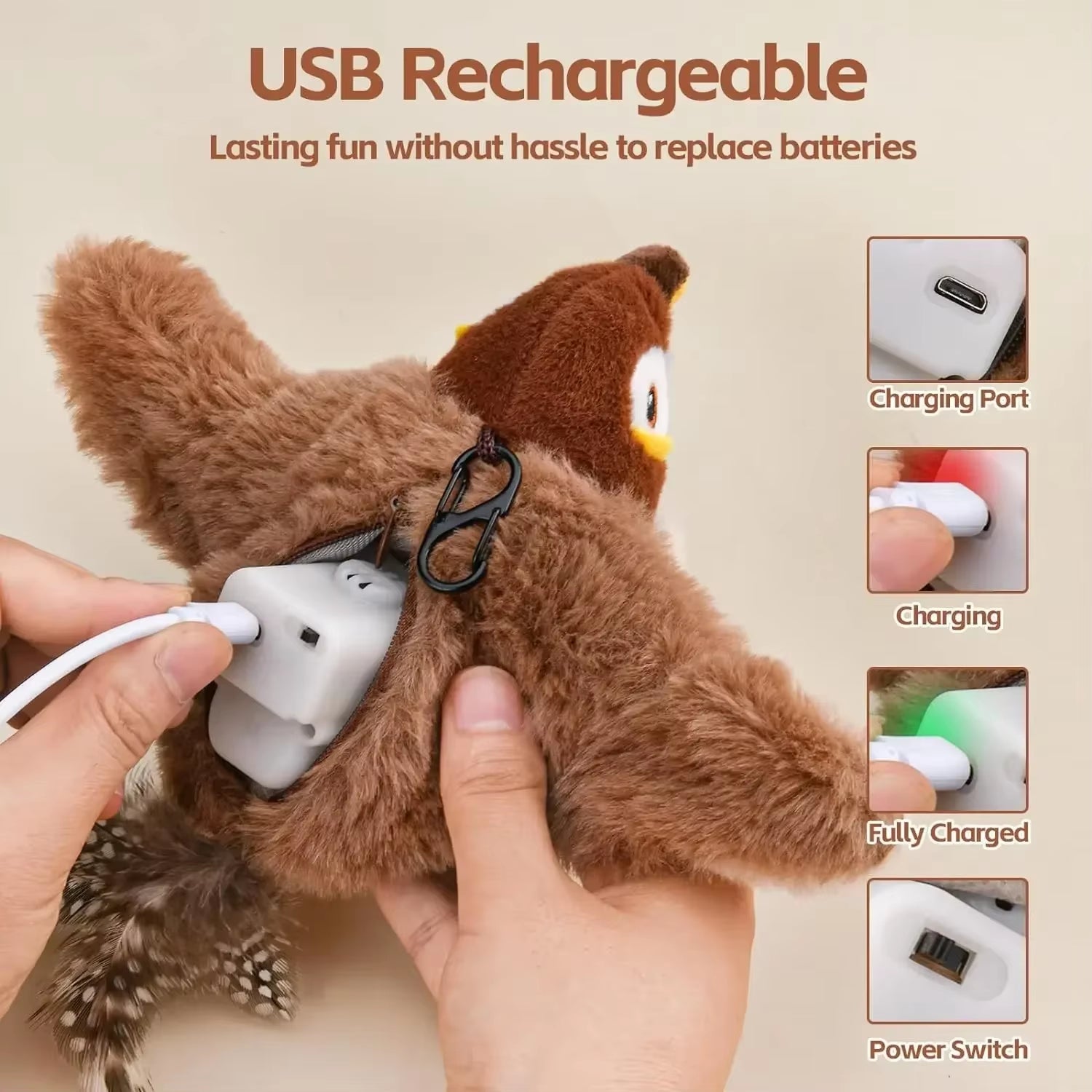 Simulated Bird Cat Toy Interactive Toys Dog Rechargeable Chirping Flapping Bird(No Flying) Catnip Touch Activated Plush Toy Pet