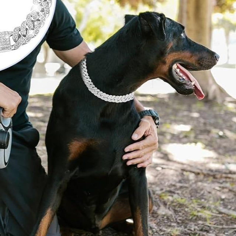 Dog Chain Collar Silver Dog Necklace Diamond Cuban Link Dog Collar 13Mm Wide Metal Pet Cat Dog Chain Crystal Collar Jewelry Accessories for Large Medium Small Dogs Cats(Silver,16 Inch)