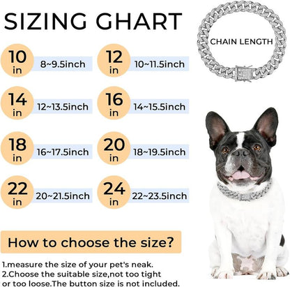 Dog Chain Collar Silver Dog Necklace Diamond Cuban Link Dog Collar 13Mm Wide Metal Pet Cat Dog Chain Crystal Collar Jewelry Accessories for Large Medium Small Dogs Cats(Silver,16 Inch)